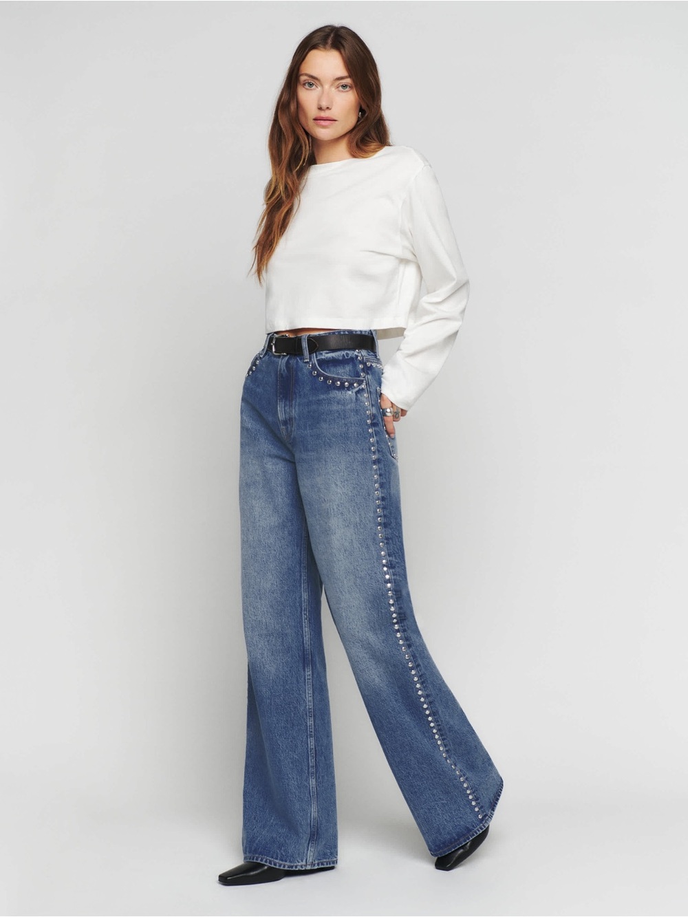 Reformation Cary High Rise Slouchy Wide Leg Jeans in Chesapeake Studded US 10/30